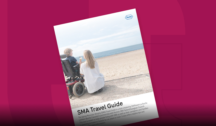 Cover of the SMA Travel Guide. A boy in a wheelchair beside a crouching woman are on a beach looking at the water.